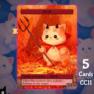 Könnte beinhalten: Fantasiekarte mit einer Cartoon-Katze als Teufel, die einen Dreizack hält. Die Karte trägt die Aufschrift "Devil" und enthält den Text "Token Creature - Devil" und "When this creature dies, it deals 1 damage to any target." Die Karte ist Teil eines Sets von 5 Karten.