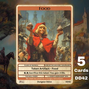 Könnte beinhalten: Fantasy-Spielkarte mit einer Frau in rotem Umhang, die Cupcakes hält. Die Karte trägt die Aufschrift "Food" und enthält Text über das Gewinnen von Leben. Die Karte ist Teil eines Sets von 5 Karten. Maße nicht zutreffend.
