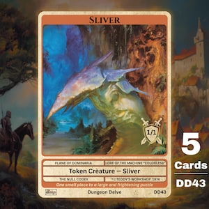 May include: A trading card featuring a fantasy creature called a Sliver, with a blue and green color scheme. The card has the text "Sliver" at the top and "Token Creature - Sliver" at the bottom. The card is part of a set of 5 cards.