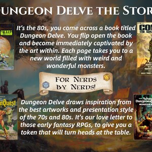 May include: Promotional image for Dungeon Delve, featuring vintage fantasy book covers. The image includes the text "Dungeon Delve The Story" and "For Nerds By Nerds!" in a scroll. The covers include "A Princess of Mars", "Conan the Adventurer", "DragonQuest", and "Advanced Dungeons & Dragons Monster Manual II".