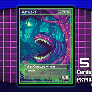 May include: A pixel art trading card featuring a worm-like creature with a large mouth and sharp teeth, set in a forest scene. The card is labeled "wurm.exe" and includes the text "Token Creature - Wurm" and "Trample". The card is part of the "pixel.exe series".