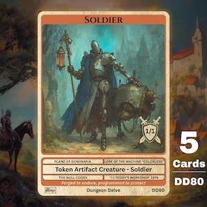 May include: A fantasy card featuring a soldier in silver armor holding a lantern and a staff, with a mechanical creature. The card reads "SOLDIER" and "Token Artifact Creature - Soldier". The card is part of a set of 5 cards.