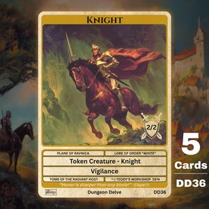 Puede incluir: Una carta de fantasía con un caballero a caballo empuñando una espada. El caballero lleva una armadura plateada y una capa roja. La carta está etiquetada como "Knight" e incluye el texto "Token Creature - Knight" y "Vigilance". La carta es parte de un juego de 5 cartas.