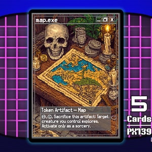 May include: A pixelated fantasy card featuring a map, skull, and candles. The card is labeled "map.exe" and includes text describing it as a Token Artifact. The image is set against a retro grid background, with the text "5 Cards PX139 pixel.exe series".
