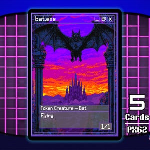 May include: A pixel art trading card featuring a bat with outstretched wings against a sunset backdrop. The card reads "bat.exe" at the top and "Token Creature - Bat, Flying" at the bottom. The card is part of the "pixel.exe series".
