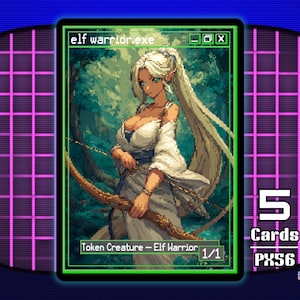 Puede incluir: Una carta coleccionable pixelada que presenta a una guerrera elfa con largo cabello blanco y un arco. La tarjeta es verde con el texto "elf warrior.exe" y "Token Creature - Elf Warrior". La tarjeta es parte de la "pixel.exe series".