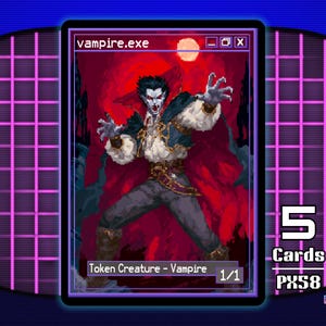 Puede incluir: Carta coleccionable de pixel art con un vampiro con capa roja y pelo oscuro. La carta está etiquetada como "vampire.exe" y "Token Creature - Vampire 1/1". El fondo es una escena roja y negra con luna llena.