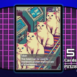 Könnte beinhalten: Eine Pixel-Art-Karte mit vier weißen Katzen mit blauen Augen, vor einem türkis-grauen Hintergrund. Die Karte trägt die Aufschrift "copy.exe" und "Token". Die Karte ist eine von fünf in der PX128-Serie.