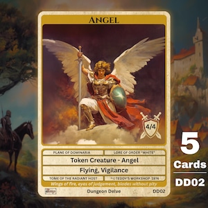 Pode incluir: Um cartão de fantasia com um anjo com grandes asas brancas, segurando uma espada e um escudo. O cartão é rotulado como "ANGEL" e inclui texto como "Token Creature - Angel" e "Flying, Vigilance". O cartão faz parte de um conjunto de 5 cartões.