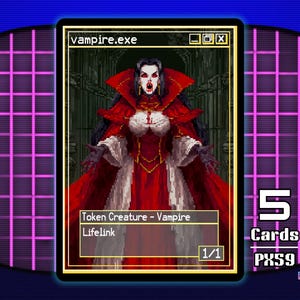 May include: A pixelated trading card featuring a vampire in a red and white dress and cape. The card is labeled "vampire.exe" and includes the text "Token Creature - Vampire" and "Lifelink". The card is part of the "pixel.exe series".