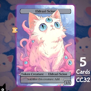 May include: A fantasy card featuring a white cat-like creature with three blue eyes and pink tentacles. The card is labeled "Eldrazi Scion" and includes the text "Token Creature". The card is part of a set of 5 cards, labeled CC32.