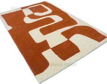 Abstract Terracotta Wool Rug | Hand-Tufted, Mid-Century Geometric | Made in India