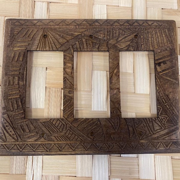 Tiki style wall plate - ISLANDER Series, palm, DECORA, 3-gang switches