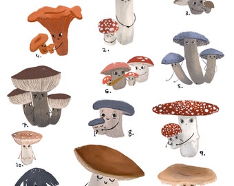 Printable digital Mushroom chart, mushroom poster