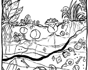 以下が含まれることがあります： キノコ、根、クリスタルのある森の床の白黒のイラスト。イラストは、気まぐれなスタイルで描かれています。