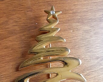 Christmas Tree Brooch Gold Tone Minimalist Swirls Seasonal Vintage Jewelry Yours, Occasionally