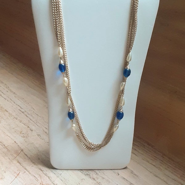 Vendome Chain and Bead Necklace Glass Teardrop Pearls Blue Glass Beads Gold Tone Vintage Jewelry Yours, Occasionally