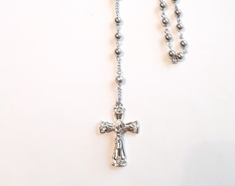 Rosary Silver Tone Chain Silver Plastic Prayer Beads Vintage Religious Gift Yours, Occasionally