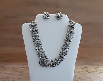 Necklace and Earrings Flower Beads Sterling Silver 3 Strands Floral and Clear AB Crystals Reclaimed Vintage Jewelry Set Yours, Occasionally