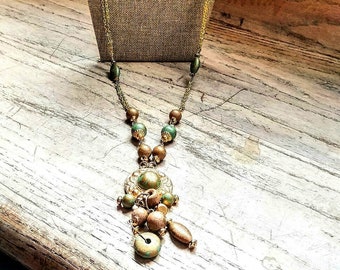 Beaded Pendant Necklace Colgante Collar Chains Painted Wood Beads Metal Medallion Vintage Jewelry Vendimia Joyeria