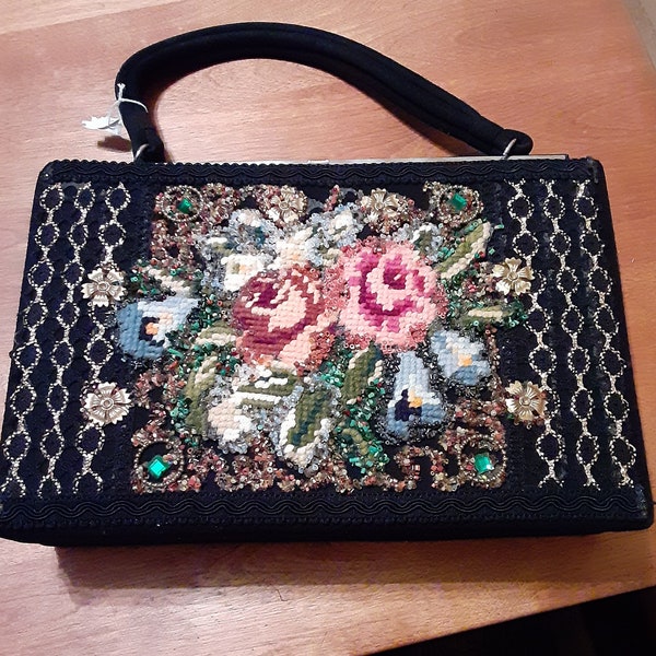 Purse labeled Hand Decorated Original by Caron Houston Texas Embellished Needlepoint Collectible Vintage Accessories Yours, Occasionally
