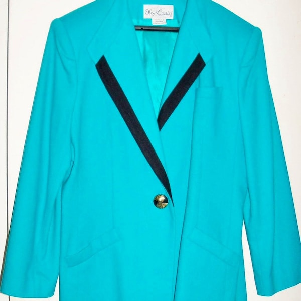 Oleg Cassini Vintage Dressy Blazer Jacket Size 16 Teal Blue Gift Guide Women Fall Winter Wool Blend Vendimia Chaqueta