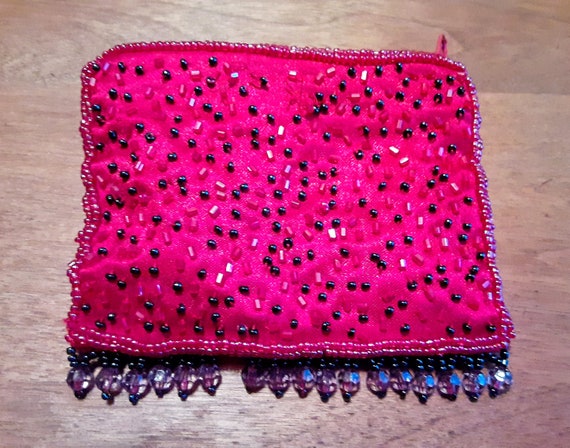 Beaded Pouch with Zipper Accessories Red Sateen B… - image 2