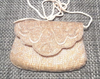 Vintage Beaded Purse: Gold Seed & Bugle Beads, Shoulder Strap Clutch