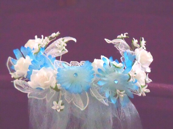 Handmade Veil Flowered Headpiece Aqua Tulle Mermaid Wedding Bridal Bride Beach Garden: Halloween Costume Cosplay