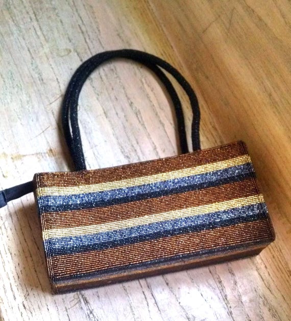 Vintage Lynne Jerome Beaded Handbag: Brown, Beige & Gray Top Handle Purse