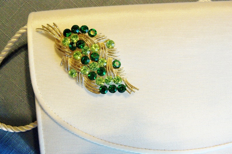 Decorated Purse Bolso Off White with Green Rhinestone Leaf Brooch Fall Spring Wedding Bridal Party Assemblage image 2