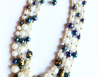 Vintage Japan Beaded Necklace: White Pearl & Rainbow Glass, 1940s for jewelry Making