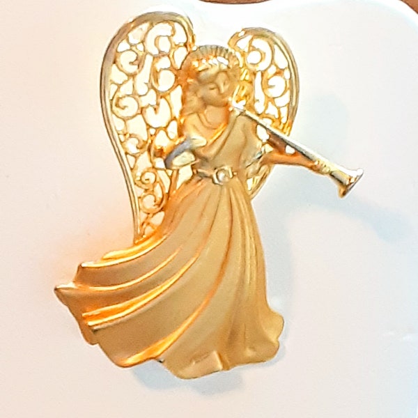 Angel with Trumpet Brooch Gold Tone Signed J.J. Seasonal Vintage Jewelry Yours, Occasionally