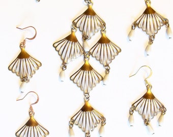 Gold Tone Milk Glass Jewelry Set: Reclaimed Vintage Necklace & Earrings