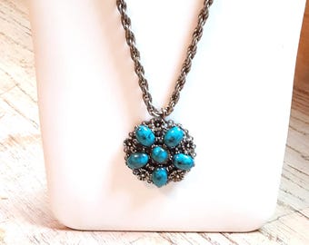 Vintage Turquoise Flower Reclaimed Pendant Necklace: Silver Tone Filigree, 30" Rope Chain