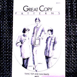 May include: A vintage sewing pattern titled "Great Copy Patterns" featuring illustrations of tunic tops and slim pants. The pattern includes views A, B, and C, with the pattern number #605. The cover is white with black text and illustrations.
