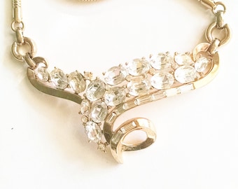 Unsigned Trifari Bib Necklace Clear Rhinestones Gold Tone Setting Wedding Vintage Jewelry Gift for Her Mothers Day Gifts Yours, Occasionally