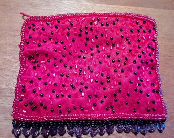 Beaded Pouch with Zipper Accessories Red Sateen Black Beading Vintage for Girls Yours, Occasionally