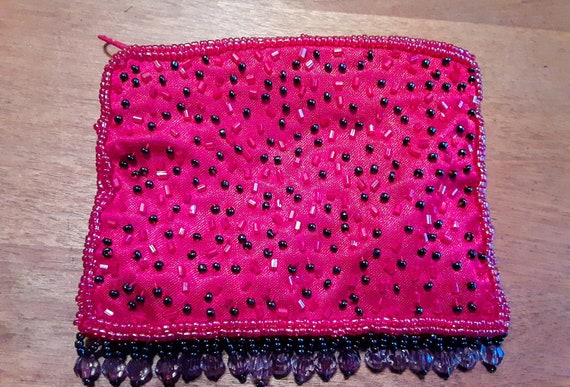 Beaded Pouch with Zipper Accessories Red Sateen B… - image 1