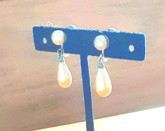 Vintage Faux Pearl Dangle Earrings, Silver Tone Bridal Jewelry
