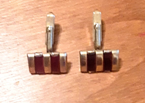 Vintage Rectangular Cuff Links: Red Stripe Geomet… - image 2