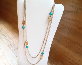 Curb Chain Necklace Collar Teal Blue Plastic Accents Gold Tone Layering Vintage Jewelry Vendimia Joyeria Yours, Occasionally