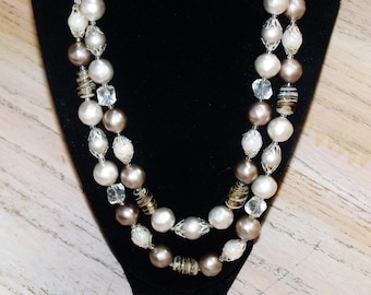 Vintage JAPAN Beaded Necklace: 2-Strand Taupe, Bronze & Crystal for Jewelry Making