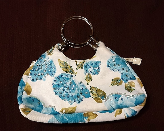 Vintage Floral Beaded Top Handle Purse: Aqua & Green
