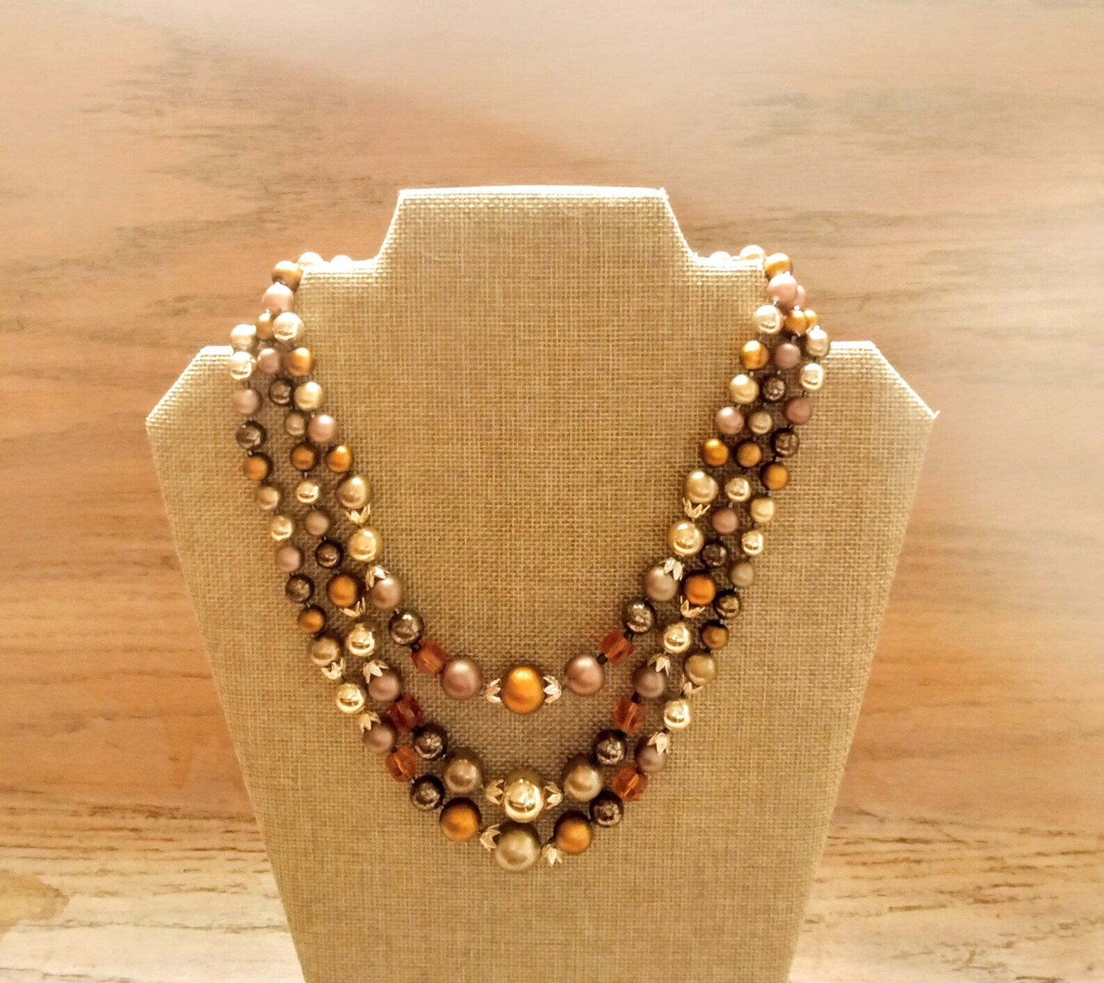 JAPAN Beaded Necklace Collar Browns Mauves Golds 3 Strands | Etsy