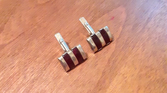 Vintage Rectangular Cuff Links: Red Stripe Geomet… - image 3