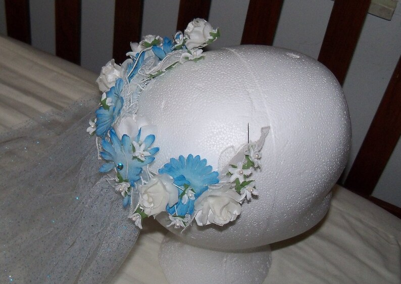 Handmade Veil Flowered Headpiece Aqua Tulle Mermaid Wedding Bridal Bride Beach Garden Halloween Costume Cosplay Yours, Occasionally