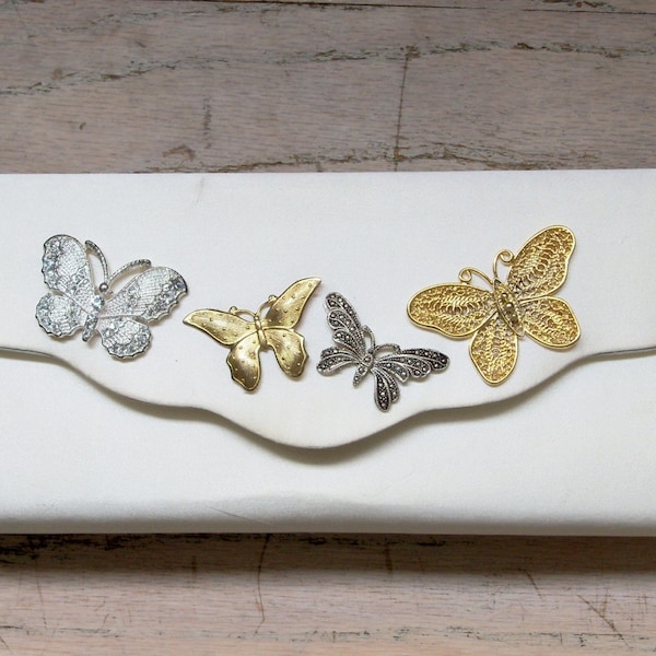 Decorated Purse Bolso Butterflies Off White Assemblage Bridal Party Wedding Second Marriage Silver Gold Tone Accents