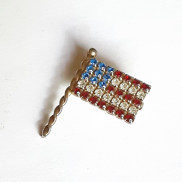 Eisenberg Ice Signed USA Flag Pin Brooch Red Clear and Blue Rhinestones Gold Tone Vintage Jewelry Yours, Occasionally