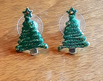 Glittery Green Christmas Tree Earrings with Posts and Push Backs Seasonal Vintage Jewelry Yours, Occasionally